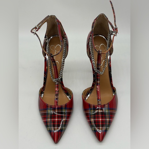 Jessica Simpson Red Plaid Heels with Chain Detail - Picture 2 of 7